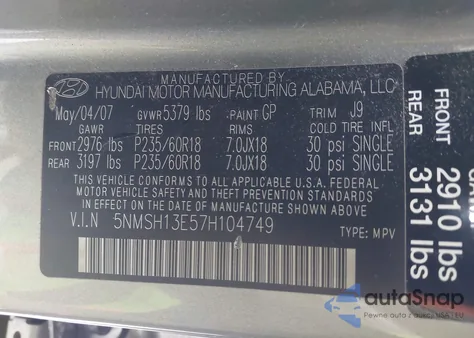 2007 Hyundai Santa Fe Limited/Se из США, поврежденный, VIN 5NMSH13E57H104749